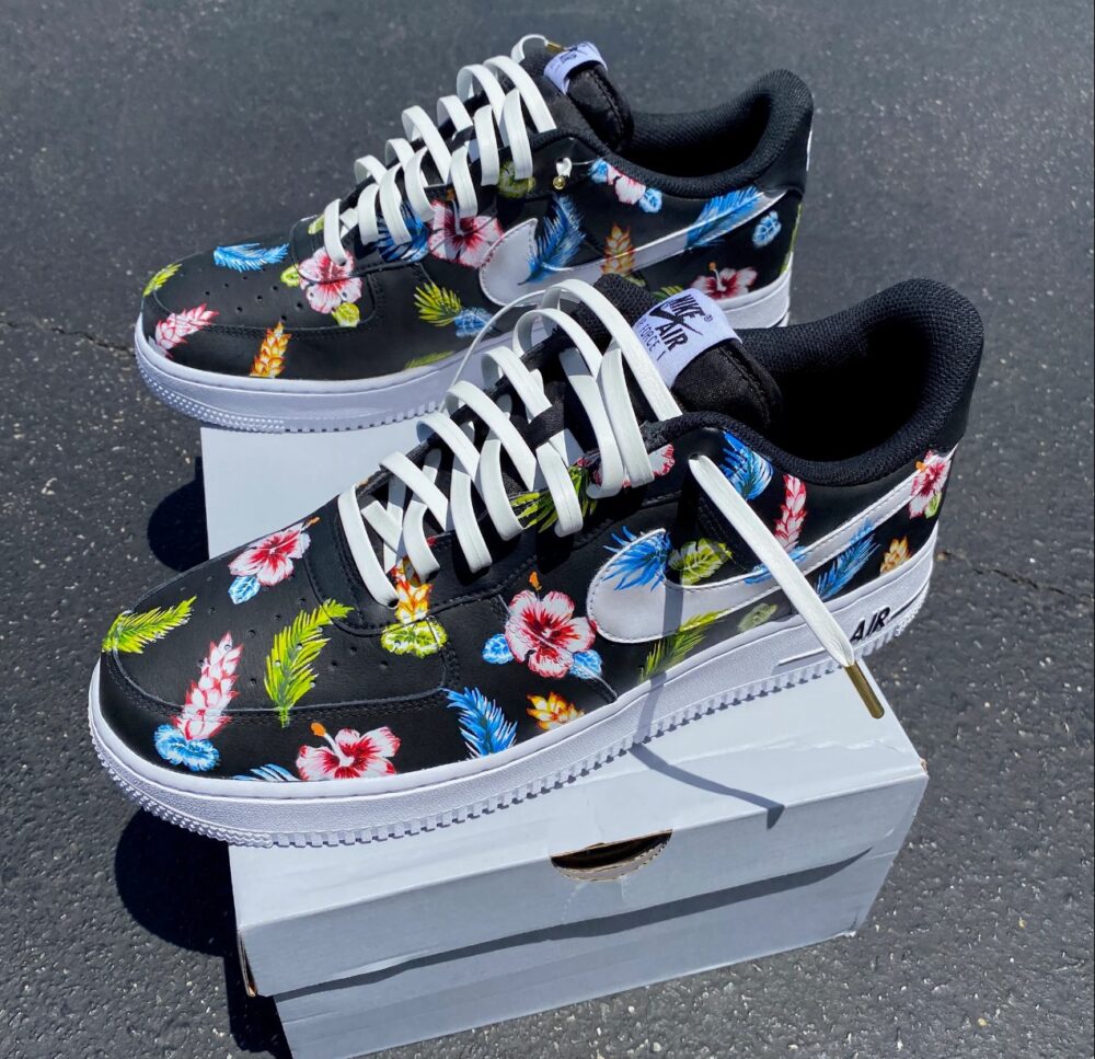 Custom Hand Painted Tropical Floral Black Nike Air Force 1 Low