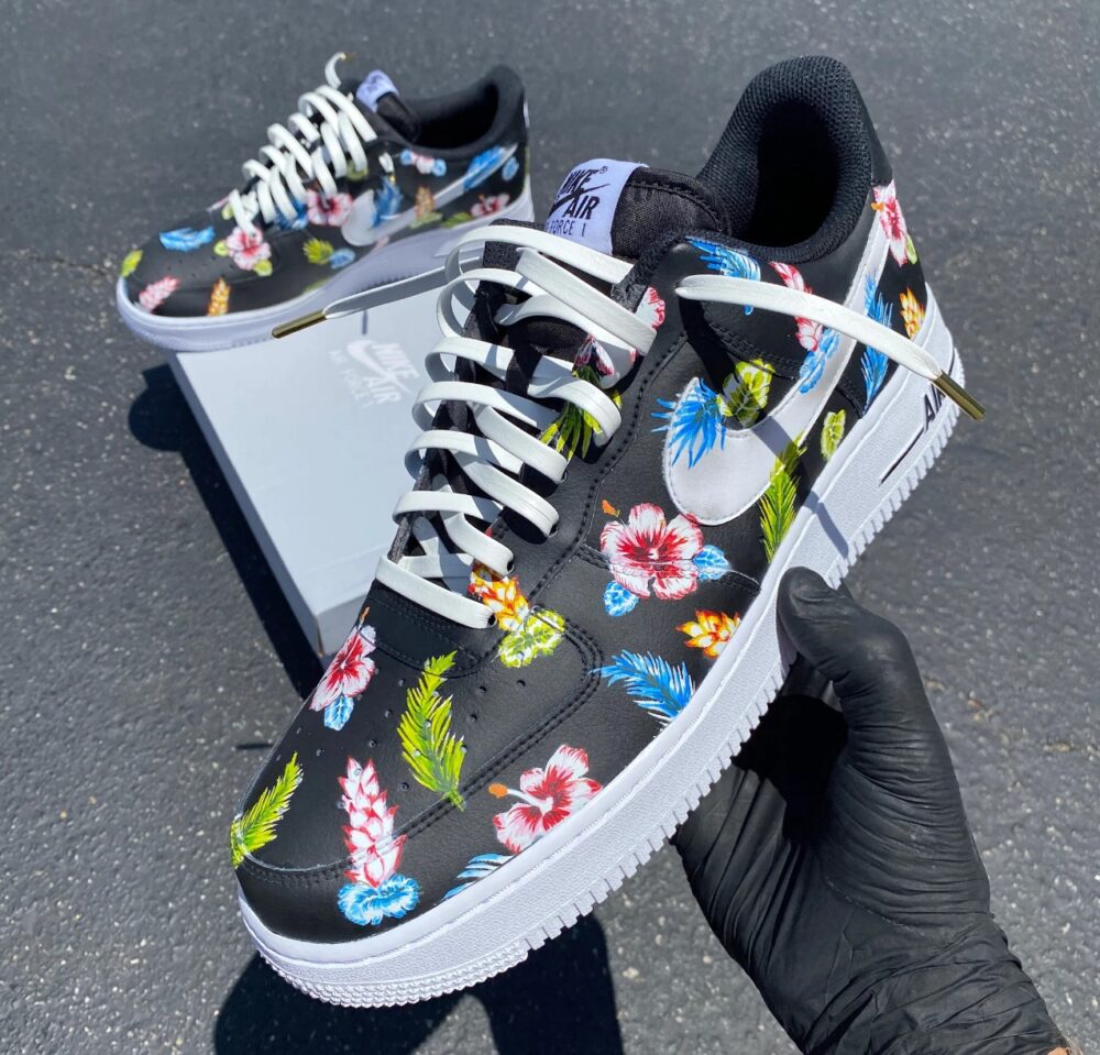 Custom Hand Painted Tropical Floral Black Nike Air Force 1 Low 2