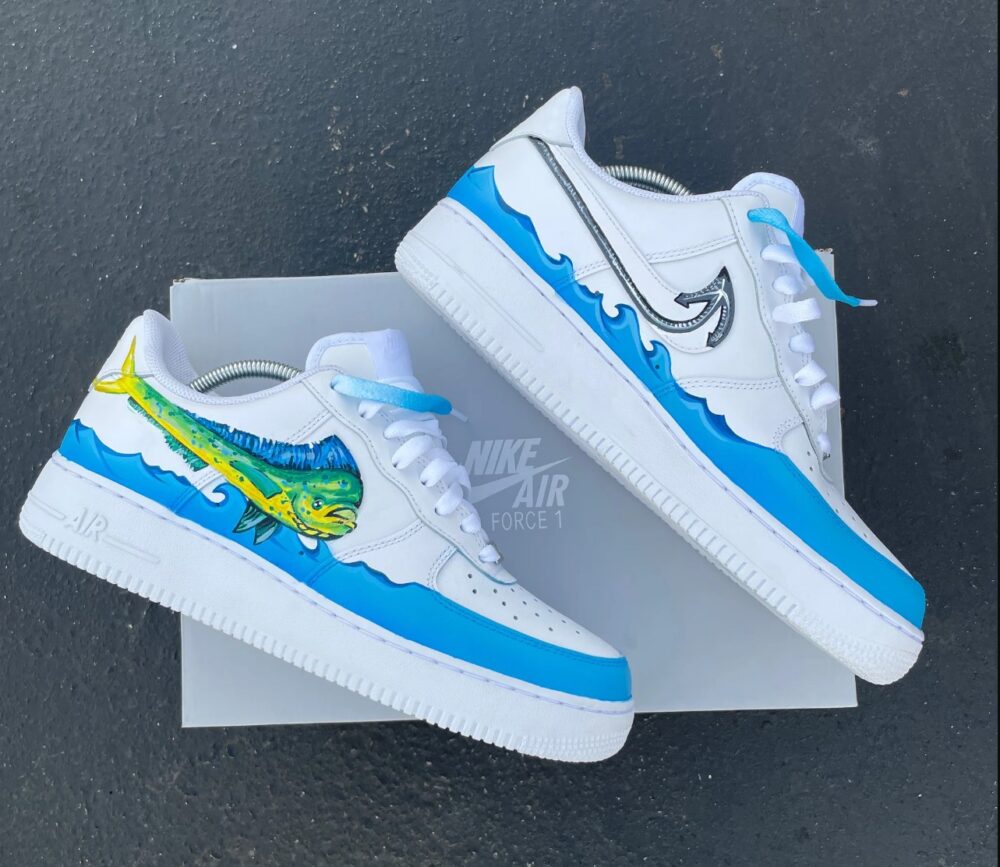 Custom Hand Painted White Mahi mahi Fishing Themed Nike Air Force 1 Low 1