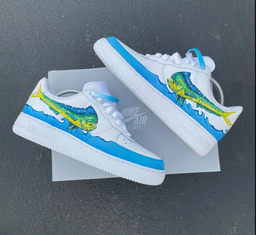 Custom Hand Painted White Mahi mahi Fishing Themed Nike Air Force 1 Low