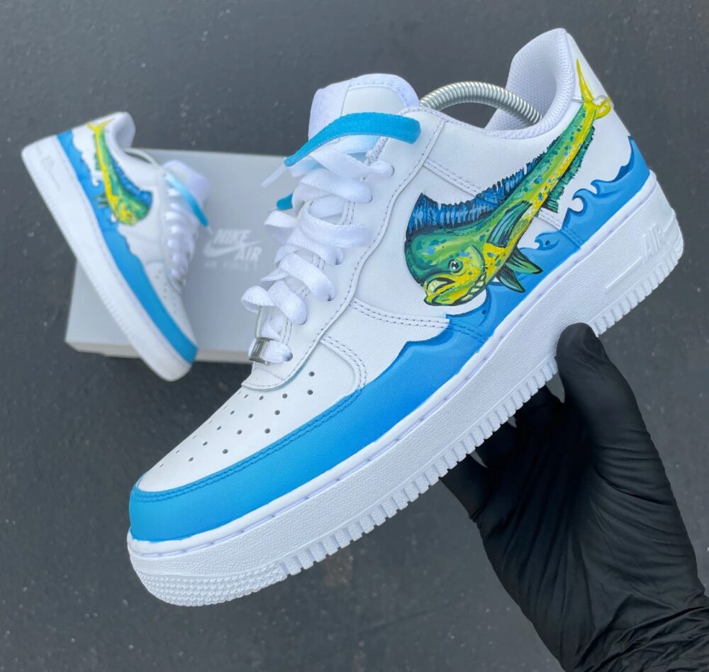 Custom Hand Painted White Mahi-mahi Fishing Themed Nike Air Force 1 Low