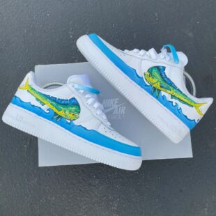 Custom Hand Painted White Mahi mahi Fishing Themed Nike Air Force 1 Low