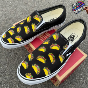 Tacos on Custom Black Slip On Vans Shoes for Women and Men 1 1