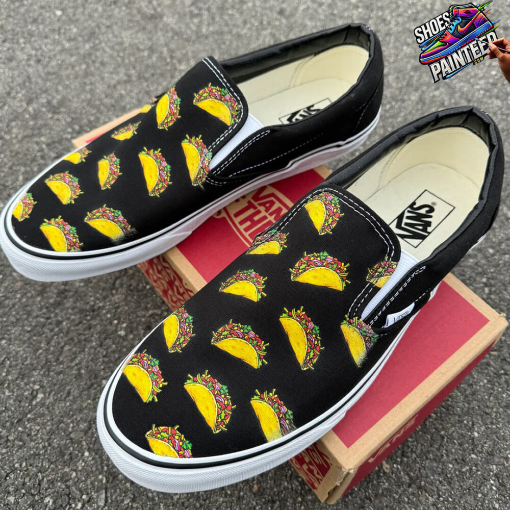 Tacos on Custom Black Slip On Vans Shoes for Women and Men 1 2