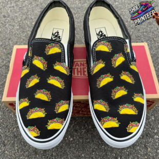 Tacos on Custom Black Slip On Vans Shoes for Women and Men